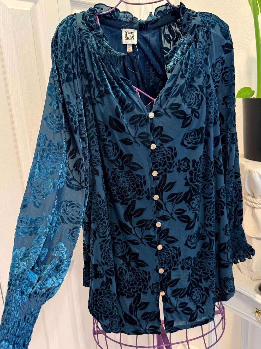 Anne Klein Teal Floral Burnout Velvet Button-Down Blouse